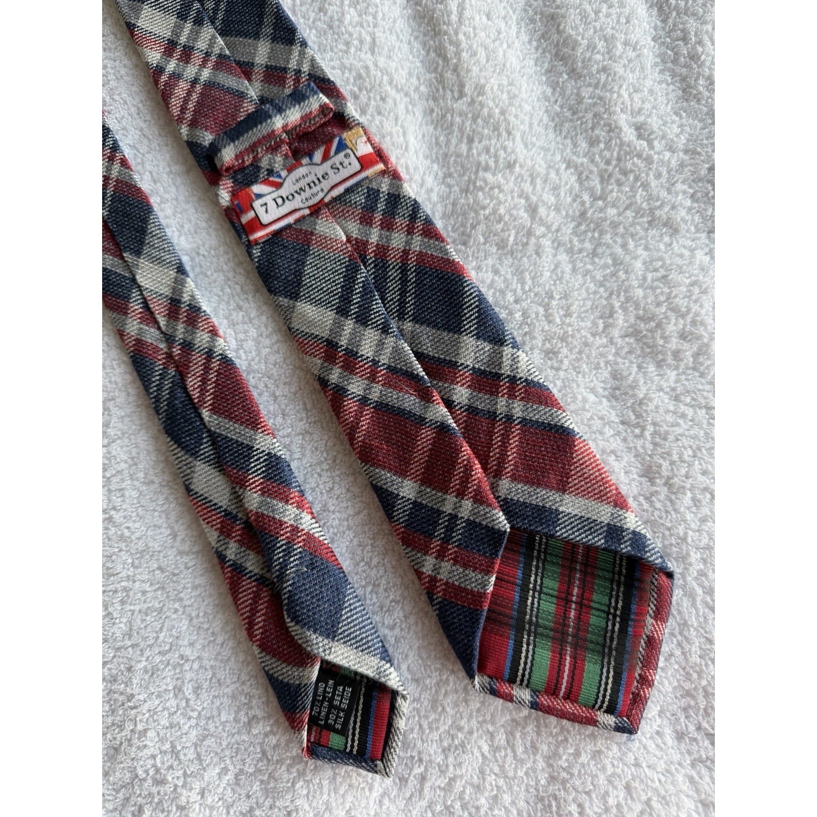 7 Downie St. London Red Blue Plaid Check Tartan Silk Linen Blend Tie Made Italy